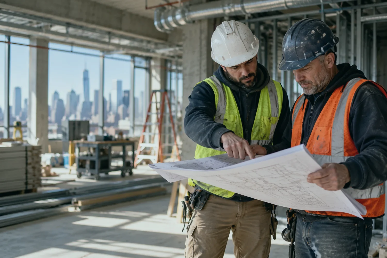 Two construction professionals reviewing project blueprints